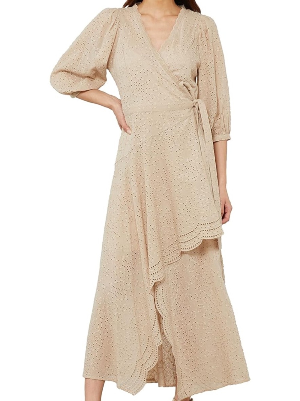 BCBGMaxAzria Beige Eyelet Wrap Maxi Dress